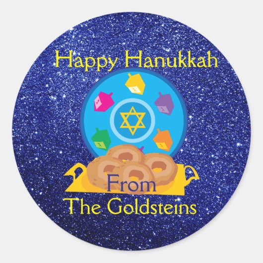 Hanukkah-Bord met Dreidels Blue Faux Glitter Ronde Sticker (Voorkant)