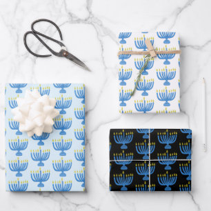 Hanukkah Botanische Menora Aquarel Blauw Inpakpapier Vel