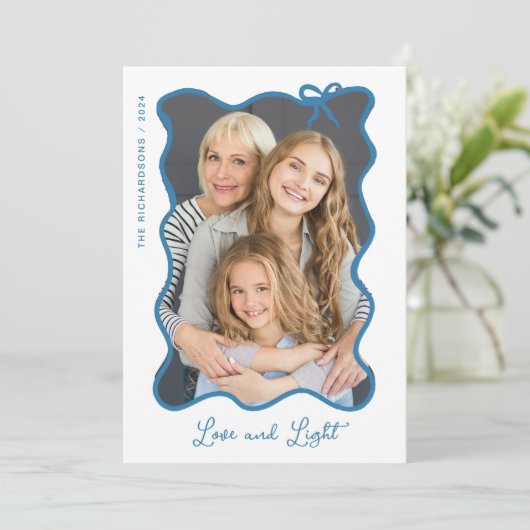 Hanukkah Bow | Wavy Blauw-Wit Foto Lijst Feestdagenkaart (Staand voorkant)