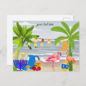Hanukkah briefkaart– strand thema, flamingo, dreid uitnodiging briefkaart (Voorkant / Achterkant)