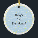 Hanukkah "Bubeleh"/Blue/Yel hearts/Circle Ornament<br><div class="desc">Hanukkah "Bubeleh"/Blue/Yellow Hearts-Circle Ornament. (2 zijdes) Personaliseer u door "Baby's 1st Hanukkah!" te verwijderen op de voor- en achterkant van het ornament. Dan gebruikend uw favoriete doopvontkleur, grootte en stijl, typ in uw eigen woorden. Bedankt voor het stoppen en winkelen. Veel waardering! Happy Chanukah/Hanukkah! Breng veel meer vakantiewenk aan uw...</div>