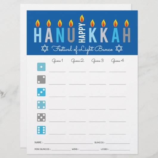 Hanukkah Bunco Party Game Score Kaart (Voorkant / Achterkant)