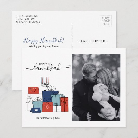 Hanukkah-cadeaus & Menorah Vakantiefoto ansichtkaa Feestdagenkaart (Voorkant / Achterkant)