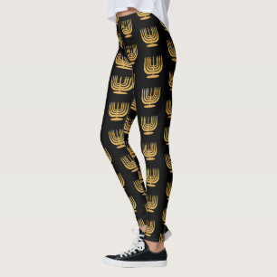 Hanukkah Candelabra Candle Gold Black Leggings