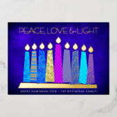 Hanukkah Candles Peace Love Light Blue Real Gold Folie Feestdagenkaart (Voorkant)