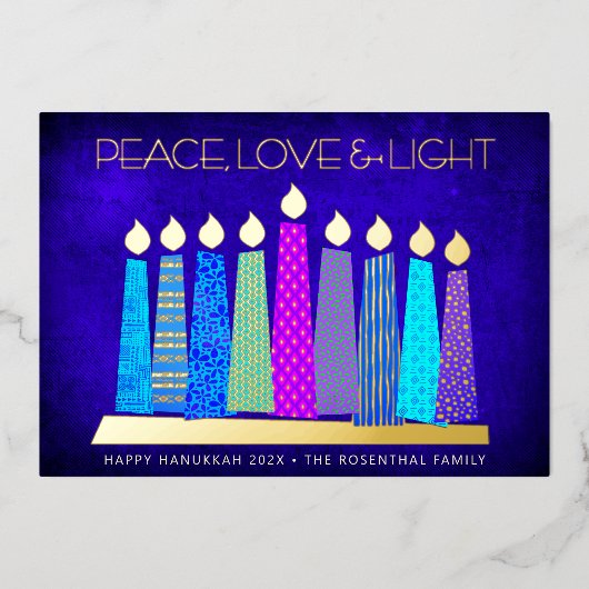 Hanukkah Candles Peace Love Light Blue Real Gold Folie Feestdagenkaart (Voorkant)