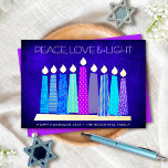 Hanukkah Candles Peace Love Light Blue Real Gold Folie Feestdagenkaart<br><div class="desc">"Vrede, liefde en licht." Een speelse, moderne, artsachtige illustratie van boho patroonkaarsen in een menorah helpt je om mee te doen in de vakantie van Hanukkah. Geassorteerde blauwe kaarsen met kleurrijke echte gouden folie patronen, echte gouden folie vlammen en menorah, bedekken een rijke, diepe blauwe getextureerde achtergrond. Faux hot-roze paarse...</div>