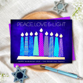 Hanukkah Candles Peace Love Light Blue Real Gold Folie Feestdagenkaart