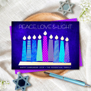 Hanukkah Candles Peace Love Light Blue Real Gold Folie Feestdagenkaart