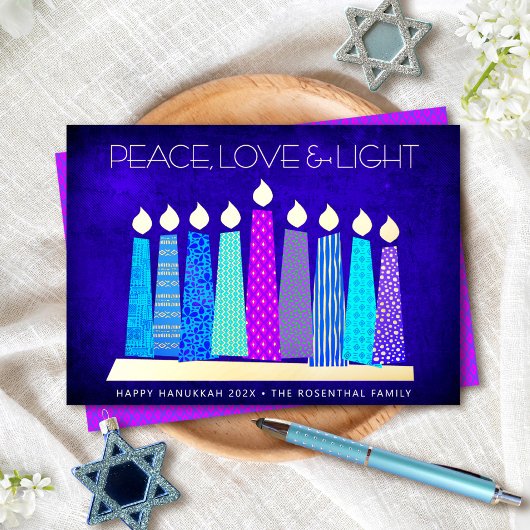 Hanukkah Candles Peace Love Light Blue Real Gold Folie Feestdagenkaart