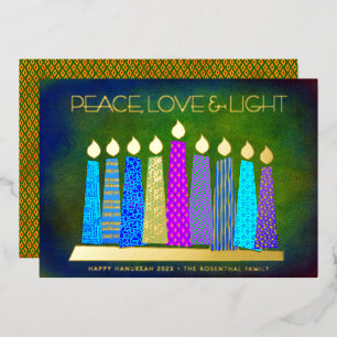 Hanukkah Candles Peace Love Light Green Real Gold Folie Feestdagenkaart