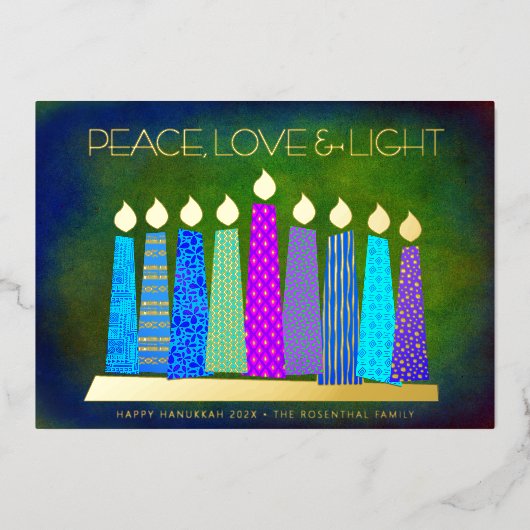 Hanukkah Candles Peace Love Light Green Real Gold Folie Feestdagenkaart (Voorkant)