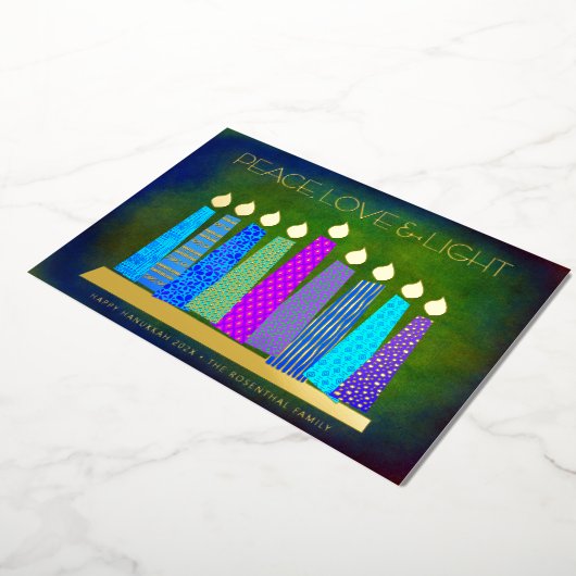 Hanukkah Candles Peace Love Light Green Real Gold Folie Feestdagenkaart (Gedraaid)