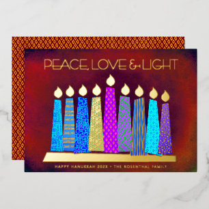 Hanukkah Candles Peace Love Light Red Real Gold Folie Feestdagenkaart