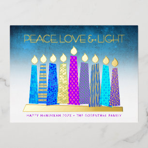 Hanukkah Candles Peace Love Turquoise Real Gold Folie Feestdagen Briefkaart