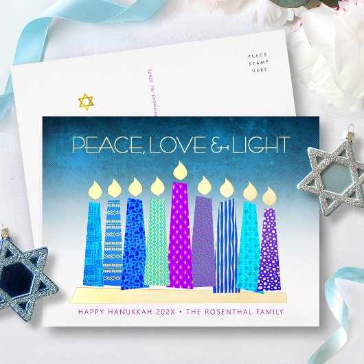 Hanukkah Candles Peace Love Turquoise Real Gold Folie Feestdagen Briefkaart