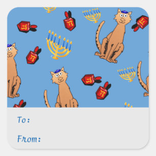 Hanukkah Cat Dreidel Blue Gift Label Sticker