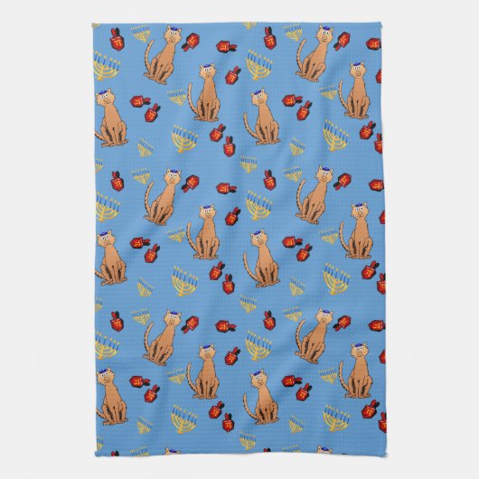 Hanukkah Cat Dreidel Blue Kitchen Towel Theedoek (Verticaal)