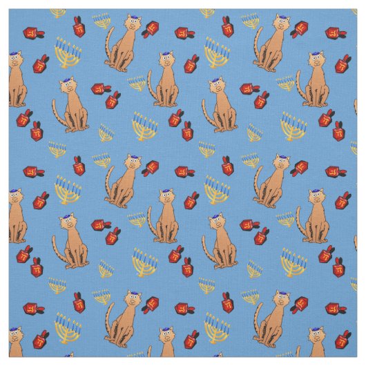 Hanukkah Cat Dreidel Blue Wrap Fabric Stof (Swatch)