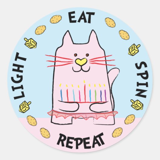 Hanukkah CAT-Stickers "Light, Eat, Spin, Repeat" Ronde Sticker (Voorkant)