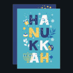 HANUKKAH Chanukah Menorah Dreidel Wenskaart<br><div class="desc">Ons Hanukkah-Wenskaart met een droom, menorah, jelly donut en joodse sterren van David is een mooie, leuke manier om familie en vrienden een Happy Hanukkah in stijl te wensen. . Personaliseer met uw douanegroet op het omgekeerde om het echt één van een soort te maken. Vragen: bericht ons of email...</div>