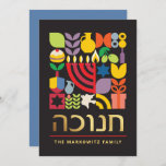 Hanukkah Chanukah Menorah Jewish Stars Dreidel Feestdagenkaart<br><div class="desc">Chanoeka / Chanoeka Kleurrijke moderne geometrische patroon Kaart met Faux Gold Folie. Menorah, Dreidel, Donuts, Stars & Olijfolie... Ze zijn er allemaal. Hebreeuwse & Joodse Chanoeka Symbolen Ruimte om uw gepersonaliseerde tekst op de voorkant en achterkant toe te voegen. Gelukkige Chanoeka wensen. Het Hebreeuws op de voorkant zegt "Chanoeka". Deze...</div>