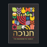 Hanukkah Chanukah Menorah Jewish Stars Dreidel Feestdagenkaart<br><div class="desc">Hanukkah / Chanokah Colorful Modern Geometric Pattern Kaart met Faux Gold Foil. Menorah, Dreidel, Donuts, Stars & Olijfolie... Ze zijn hier allemaal. Hebreeuwse en joodse Hanukkah Symbols Ruimte om uw gepersonaliseerde tekst toe te voegen. Happy Hanukkah wil. Hebreeuws aan de voorkant zegt "Chanukah". Deze opschaalbare, mooie, kijk, is een geweldige...</div>