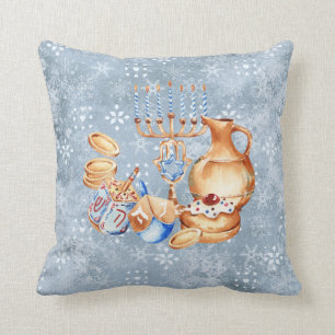 Hanukkah Chanukah Menorah Watercolor Blauw Sneeuw Kussen