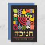 Hanukkah Chanukah Modern Jewish Symbolen Card Feestdagenkaart<br><div class="desc">Hanukkah / Chanokah Colorful Modern Geometric Pattern Kaart met Faux Gold Foil. Menorah, Dreidel, Donuts, Stars & Olijfolie... Ze zijn hier allemaal. Hebreeuwse en joodse Hanukkah Symbols Ruimte om uw gepersonaliseerde tekst aan de voorkant en achterkant toe te voegen. Happy Hanukkah wil. Hebreeuws aan de voorkant zegt "Chanukah". Deze opschaalbare,...</div>