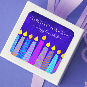 Hanukkah Chic Boho Pattern Candles Blue Peace Love Vierkante Sticker
