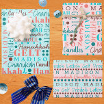 Hanukkah Collage  Cute Add Childs Name Inpakpapier Vel<br><div class="desc">Pas dit assortiment van schattige Hanukkah-inpakbladen aan in retro kleuren van koraal en turquoise in een woord collage ontwerp waar je de naam van je kind kunt toevoegen voor een soort Chanoekah cadeauomslag. De makkelijk te gebruiken tekstsjabloon maakt het eenvoudig om uw naam van het kind of uw familienaam of...</div>