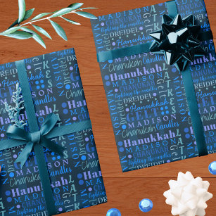 Hanukkah Collage Dark Blue Cool Cute Childs Name Cadeaupapier