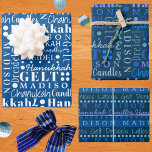 Hanukkah Collage Dark Blue Cute Add Childs Name Inpakpapier Vel<br><div class="desc">Pas dit assortiment van schattige Hanukkah-inpakbladen aan in donkerblauw en wit in een woord collage-ontwerp waar je de naam van je kind kunt toevoegen voor een soort Chanokah-cadeauomslag. De makkelijk te gebruiken tekstsjabloon maakt het eenvoudig om uw naam van het kind of uw familienaam of uw woord van keus toe...</div>