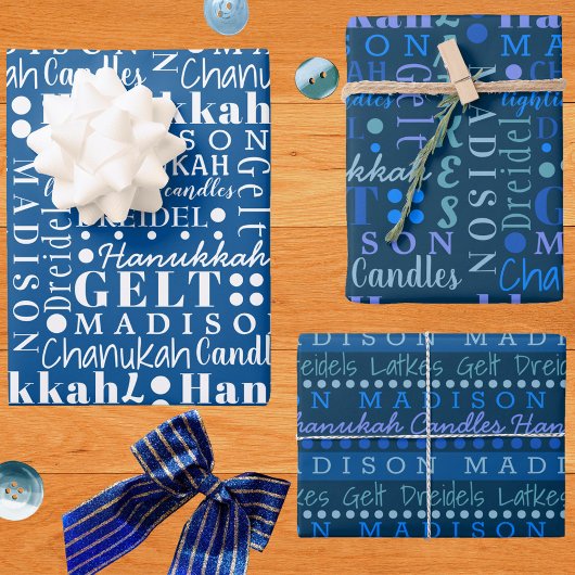 Hanukkah Collage Dark Blue Cute Add Childs Name Inpakpapier Vel
