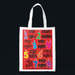 Hanukkah Crazy Nights Canvas tas Boodschappentas<br><div class="desc">Hanukkah Crazy Nights, witte 2-zijdige tas. Alle ontwerpelementen kunnen worden bewerkt. Alle bewerkbare tekst kan worden verwijderd en vervangen door uw eigen bericht. Gebruik uw favoriete lettertype, kleur, grootte en stijl. Gelukkige Chanoeka/Chanoeka! Stijl: Herbruikbare Tas Ga groen en red de planeet met onze herbruikbare boodschappentas! Gemaakt met een lichtgewicht polyester...</div>