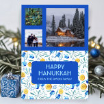 HANUKKAH CUSTOM PHOTOS Driedel Gelt Holiday Card<br><div class="desc">Pas deze platte kaart aan door uw eigen tekst en foto's op de voor- of achterzijde toe te voegen. Er is een net voor de foto's die het gemakkelijker maken om het even welke groottefoto's te gebruiken u hebt en hen in een vierkant formaat in een rij opgesloten houden. U...</div>