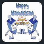 Hanukkah Dancing Dreidels en Jelly Doughnuts Vierkante Sticker<br><div class="desc">U bekijkt het Lee Hiller Design Collectie van Home en Kantoor Decor,  Apparel,  Gifts en Collectibles. De Design zijn onder meer Lee Hiller Photography en Mixed Media Digital Art Collectie. Je kunt haar Natuur fotografie uitzichten op http://HikeOurPlanet.com/ en haar wandelende blog volgen in Hot Springs National Park.</div>