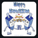 Hanukkah Dancing Dreidels en Jelly Doughnuts Vierkante Sticker<br><div class="desc">U bekijkt het Lee Hiller Design Collectie van Home en Kantoor Decor,  Apparel,  Gifts en Collectibles. De Design zijn onder meer Lee Hiller Photography en Mixed Media Digital Art Collectie. Je kunt haar Natuur fotografie uitzichten op http://HikeOurPlanet.com/ en haar wandelende blog volgen in Hot Springs National Park.</div>