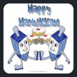 Hanukkah Dancing Dreidels en Jelly Doughnuts Vierkante Sticker<br><div class="desc">U bekijkt het Lee Hiller Design Collectie van Home en Kantoor Decor,  Apparel,  Gifts en Collectibles. De Design zijn onder meer Lee Hiller Photography en Mixed Media Digital Art Collectie. Je kunt haar Natuur fotografie uitzichten op http://HikeOurPlanet.com/ en haar wandelende blog volgen in Hot Springs National Park.</div>