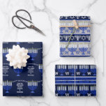 Hanukkah Dark Blue Menorah Monogram Assortment Inpakpapier Vel<br><div class="desc">Creëer je eigen Hanukkah papieren bladen inpakken met een assortiment donkerblauwe Menorah patronen en strepen die gemakkelijk te personaliseren zijn met je monogram initiaal voor een cadeauomslag. Blad één heeft een alloverpatroon van mijn originele donkerblauwe kunstwerk van Menorah die tussen ruimte voor HAPPY HANUKKAH wordt gestrooid [die aan PRETTIGE FEESTDAGEN...</div>