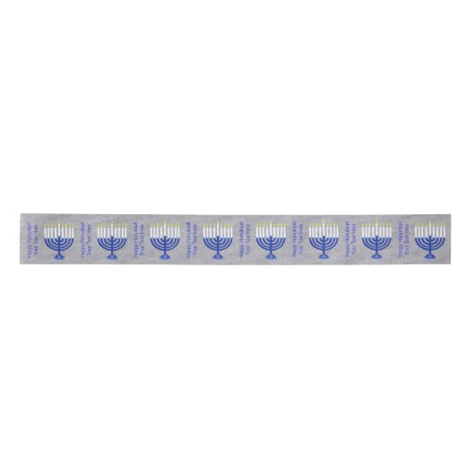 Hanukkah Dark Blue Menorah op Faux Silver Custom Satijnen Lint (Voorkant)