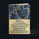 Hanukkah Define Dreidel Gold and Navy Feestdagen Kaart<br><div class="desc">Funny "Dreidel" Hanukkah/Chanukah, greeting card. Enjoy another funny "Define This" greeting card. This fun "Dreidel" foliday card is just right for all of your friends and family this year. As always, design elements can be edited: moved, resized, rotated, enz. Background codeert can be change out. Personalize by deleting text and...</div>