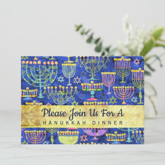 Hanukkah Dinner Gold Blue Menorah Star van David Kaart (Staand voorkant)