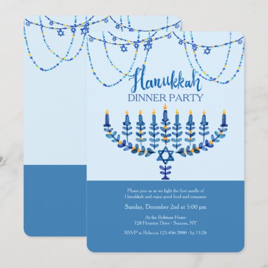 Hanukkah Dinner Party Invitation Kaart (Voorkant / Achterkant)