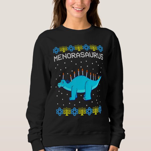 Hanukkah Dinosaur Menorasaurus Ugly Sweater   Dino (Voorkant)