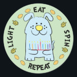 Hanukkah Dog-stickers "Light, Eat, Spin, Repeat" Ronde Sticker<br><div class="desc">Hanukkah/Chanukah Dog Holiday stickers, "Light, Eat, Spin, Repeat" Hoe dan ook, ik spel het, Chanokah is een van mijn favoriete feestdagen. Veel plezier met het gebruik van deze stickers als taarttoppers, cadeautjes voor labels, voordelige koffersluitingen of wat voor rotsen je feestjes ook mogen hebben! Bedankt om te stoppen en te...</div>