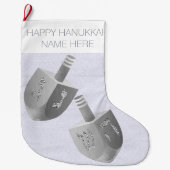 Hanukkah Dreidel Faux Silver Sparkle Chrismukkah Grote Kerstsok (Voorkant)