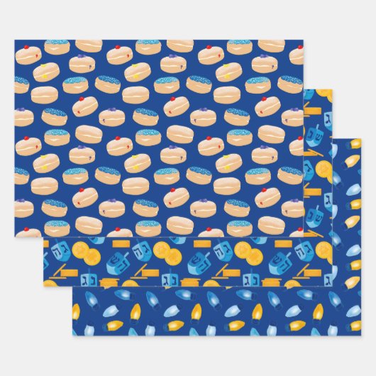 Hanukkah Dreidel, Gelt, Sufganiyot, String Lights Inpakpapier Vel (Set)