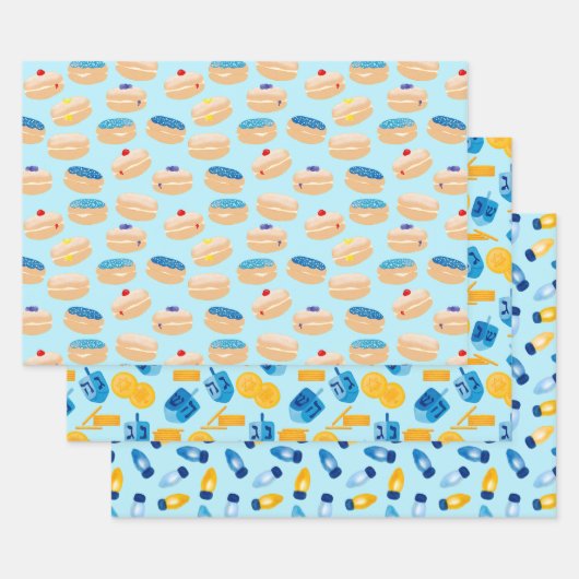 Hanukkah Dreidel, Gelt, Sufganiyot, String Lights Inpakpapier Vel (Set)