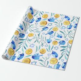 Hanukkah Dreidel Jewish Holiday Pattern Waterverf Cadeaupapier